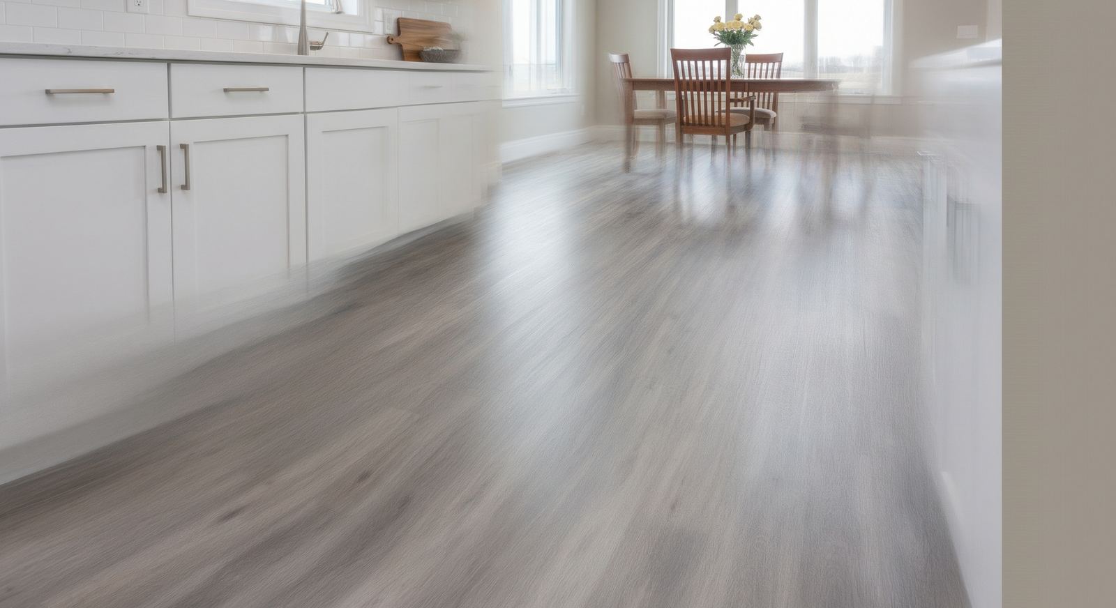 Modern gray wood-look flooring in a bright kitchen