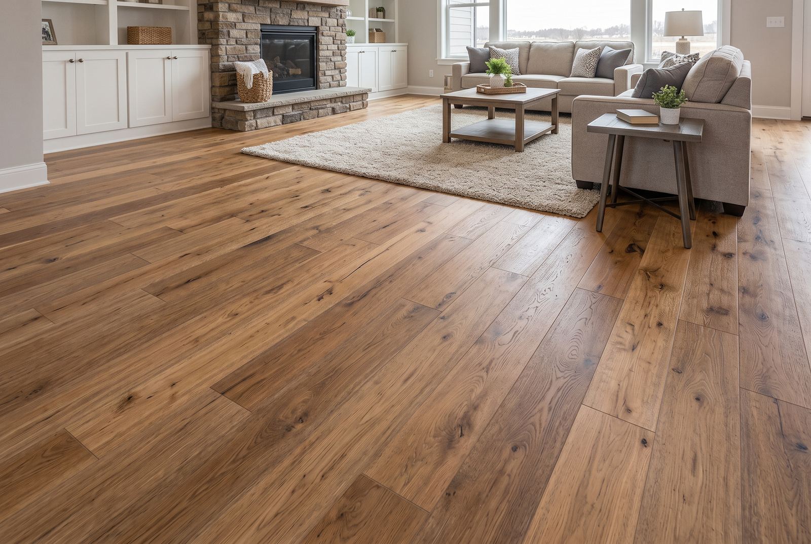 Warm natural wood-look flooring in a bright family living room